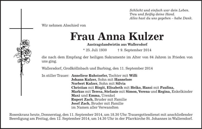 Traueranzeige Anna Kulzer
