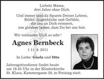 Traueranzeige Agnes Bernbeck