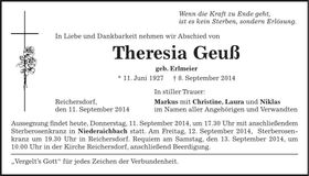 Traueranzeige Theresia Geuß