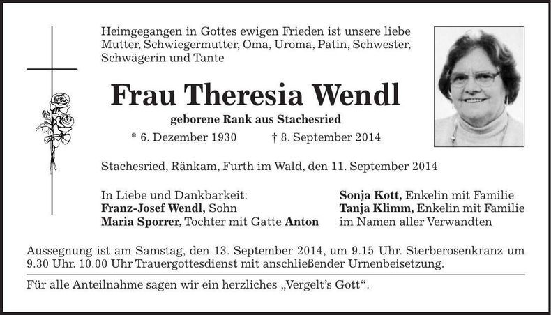 Traueranzeige Theresia Wendl
