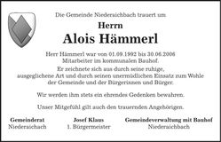 Traueranzeige Alois Hämmerl