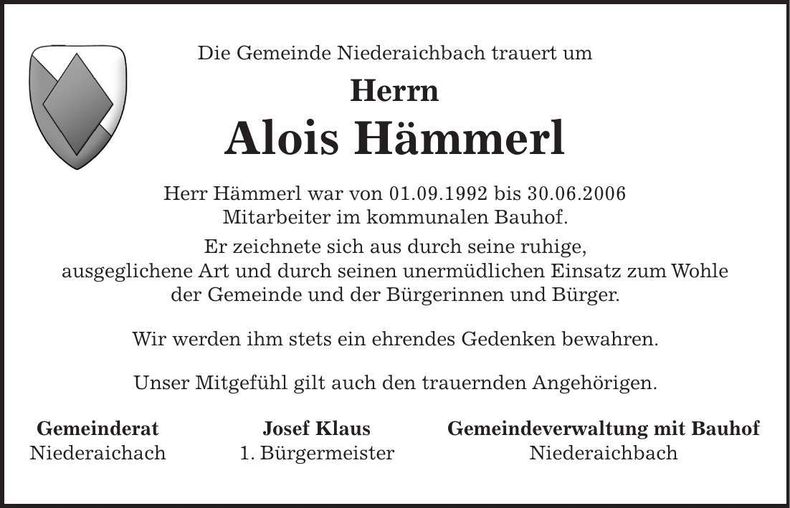 Traueranzeige Alois Hämmerl