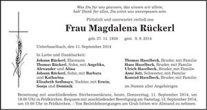 Traueranzeige Magdalena Rückerl
