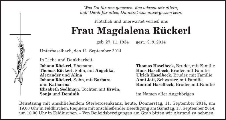Traueranzeige Magdalena Rückerl