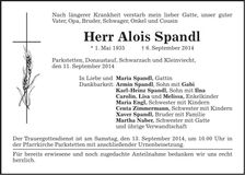 Traueranzeige Alois Spandl