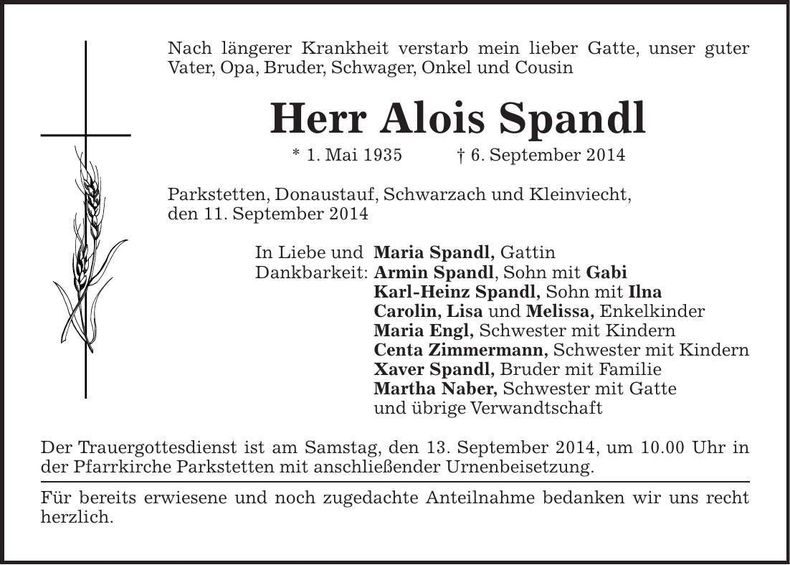 Traueranzeige Alois Spandl