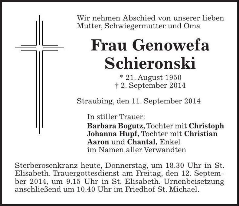 Traueranzeige Genowefa Schieronski