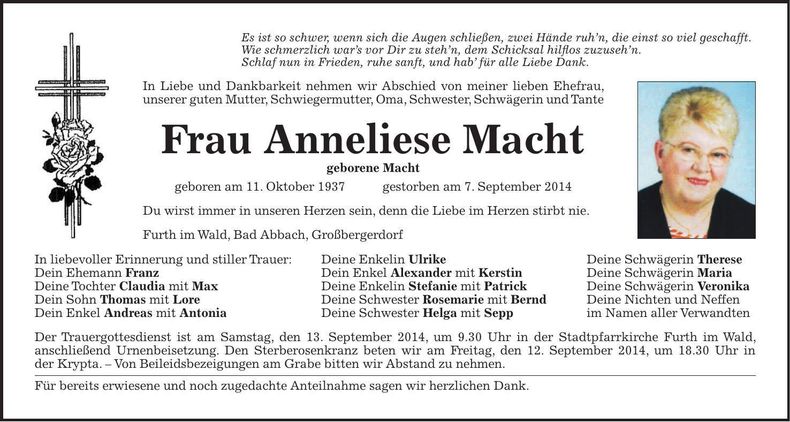 Traueranzeige Anneliese Macht