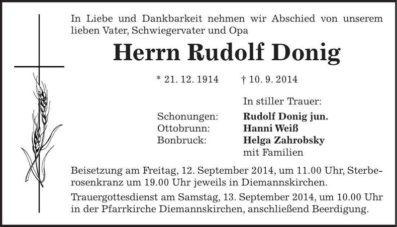 Traueranzeige Rudolf Donig