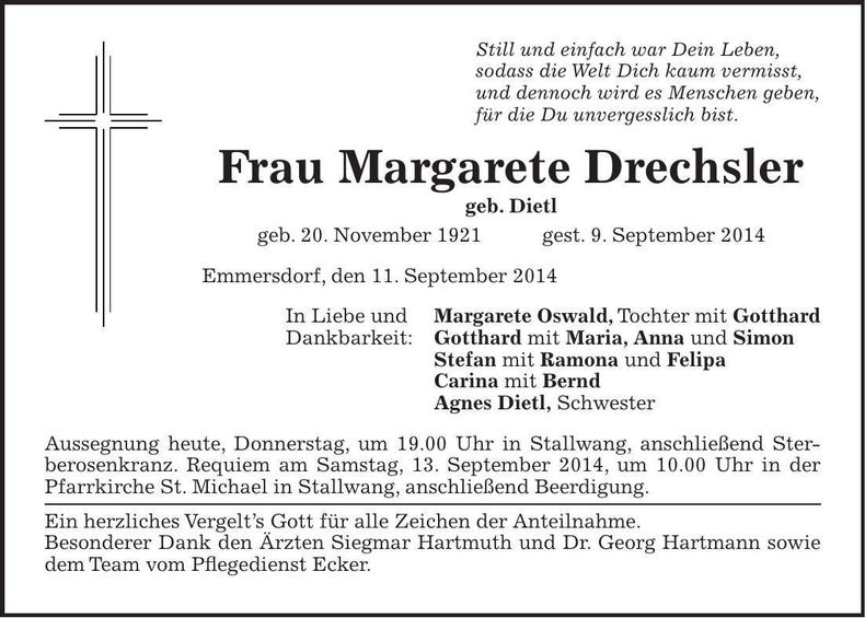 Traueranzeige Margarete Drechsler