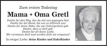 Traueranzeige Gretl Scheller