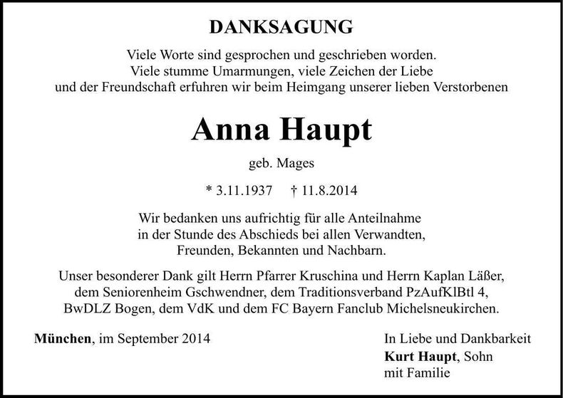 Traueranzeige Anna Haupt