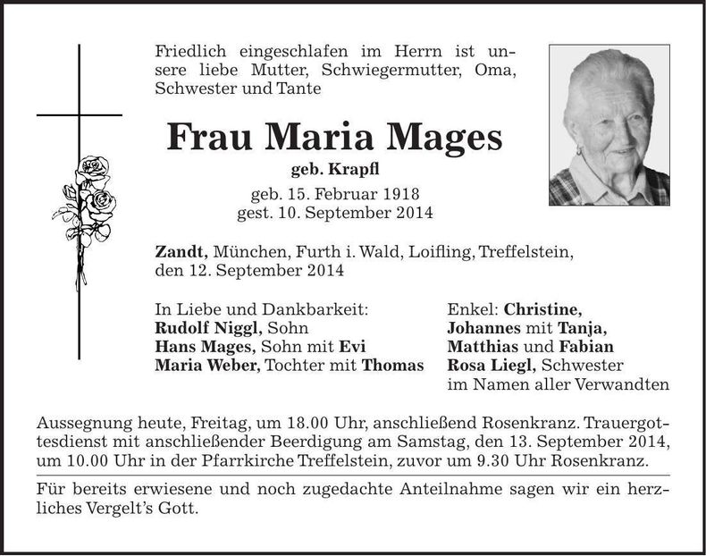 Traueranzeige Maria Mages