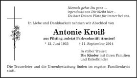 Traueranzeige Antonie Kroiß