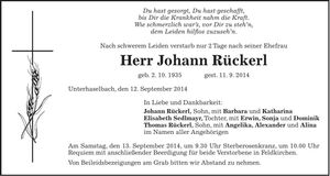 Traueranzeige Johann Rückerl