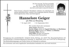 Traueranzeige Hannelore Geiger