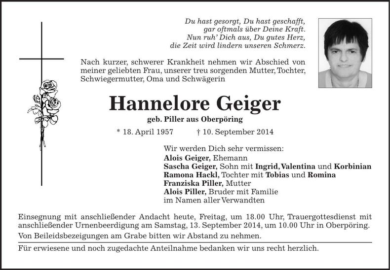 Traueranzeige Hannelore Geiger