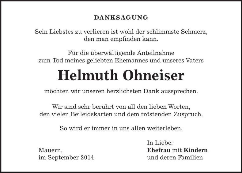 Traueranzeige Helmuth Ohneiser