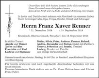 Traueranzeige Franz Xaver Renner