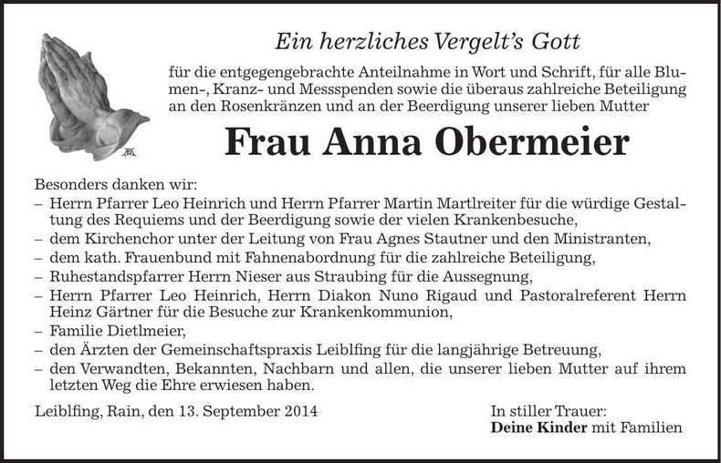 Traueranzeige Anna Obermeier