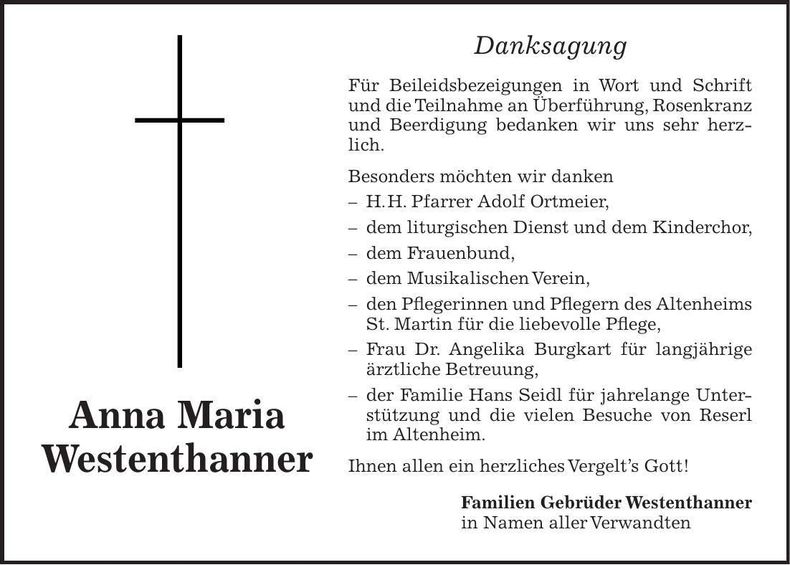 Traueranzeige Eva Maria Westenthanner