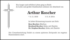 Traueranzeige Arthur Roscher