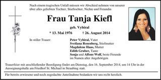 Traueranzeige Tanja Kiefl