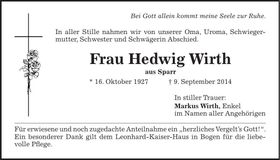 Traueranzeige Hedwig Wirth