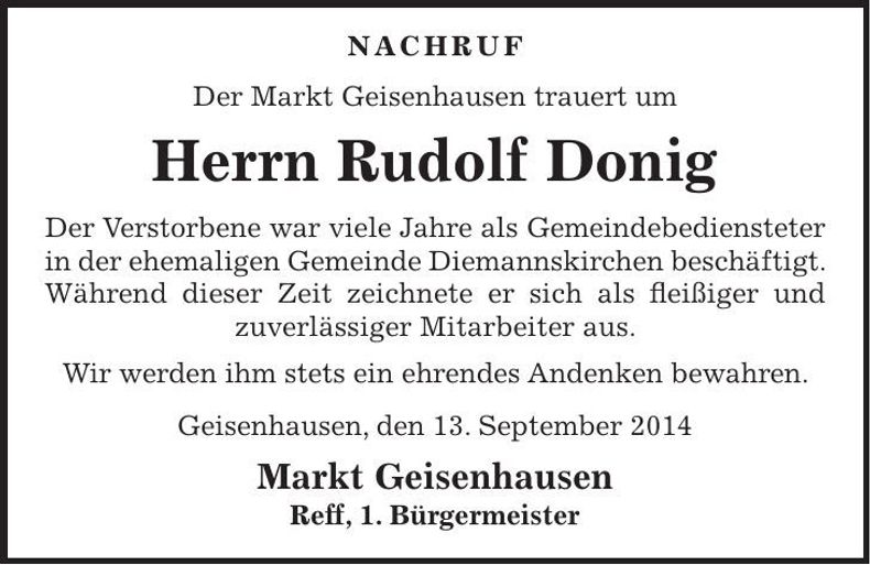 Traueranzeige Rudolf Donig