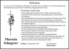 Traueranzeige Theresia Schegerer