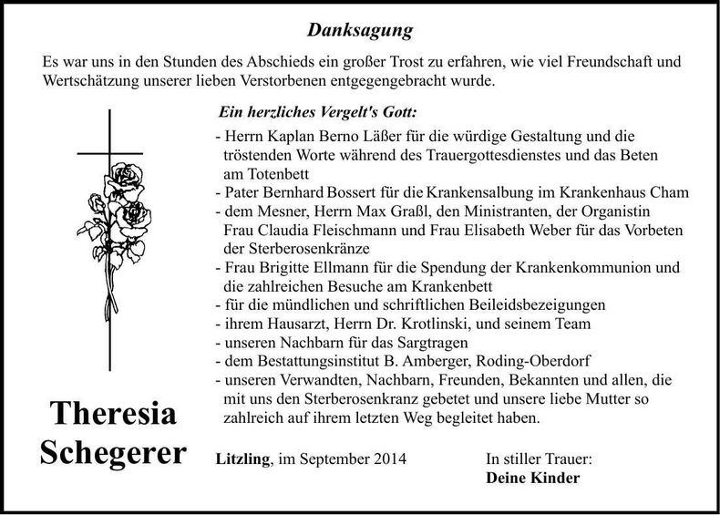 Traueranzeige Theresia Schegerer