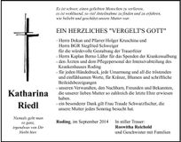 Traueranzeige Katharina Riedl