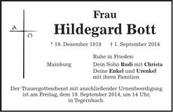 Traueranzeige Hildegard Bott