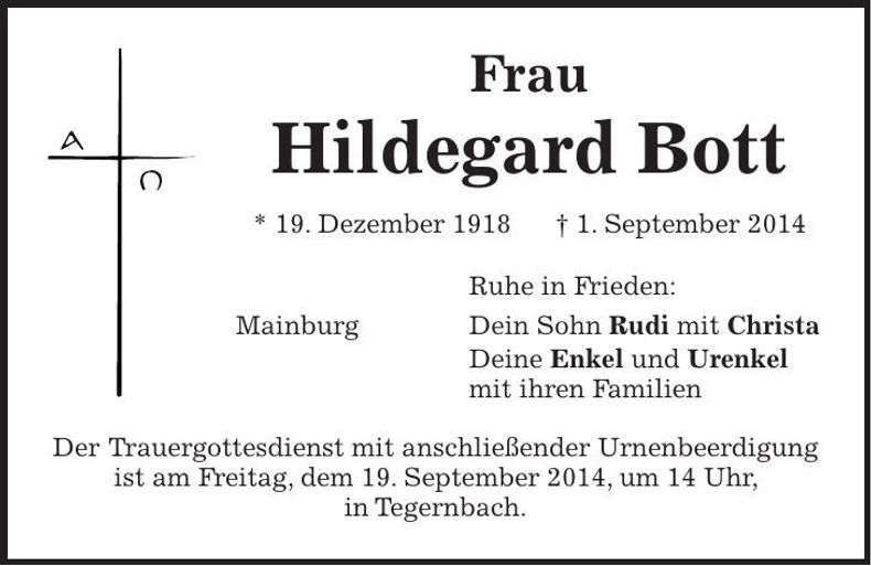 Traueranzeige Hildegard Bott