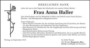 Traueranzeige Anna Haller
