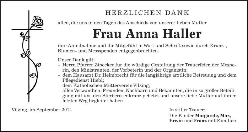 Traueranzeige Anna Haller