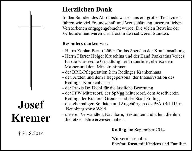 Traueranzeige Josef Kremer