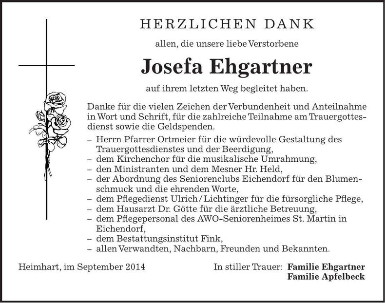 Traueranzeige Josefa Ehgartner