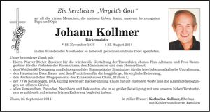 Traueranzeige Johann Kollmer