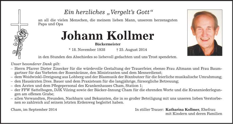 Traueranzeige Johann Kollmer