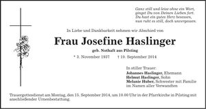 Traueranzeige Josefine Haslinger
