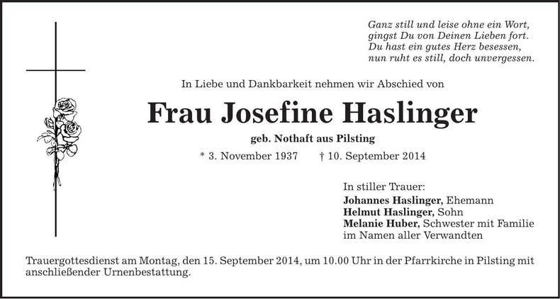 Traueranzeige Josefine Haslinger