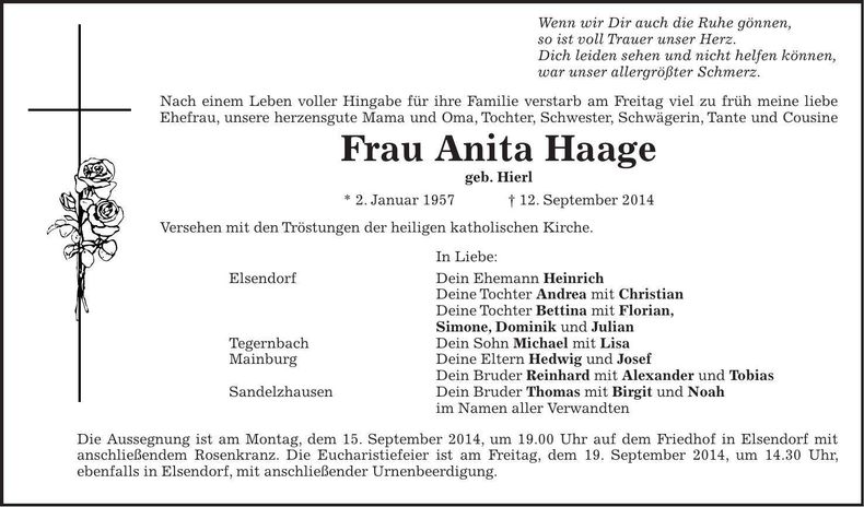 Traueranzeige Anita Haage