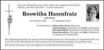 Traueranzeige Roswitha Hasenfratz