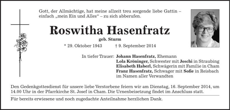Traueranzeige Roswitha Hasenfratz