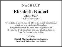 Traueranzeige Elisabeth Kunert