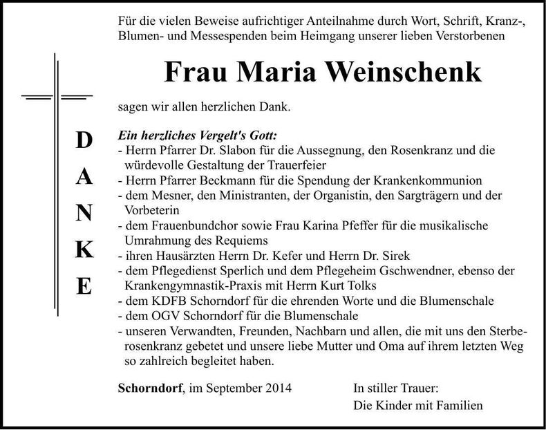 Traueranzeige Maria Weinschenk