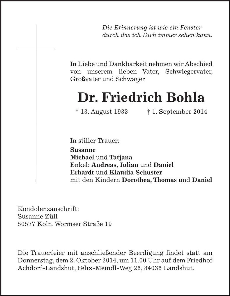 Traueranzeige Friedrich Dr. Bohla