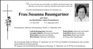 Traueranzeige Susanna Baumgartner