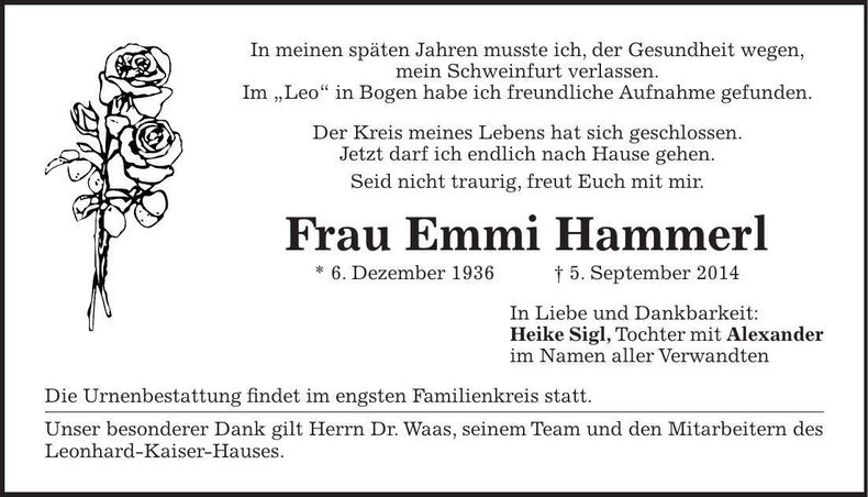 Traueranzeige Emmi Hammerl